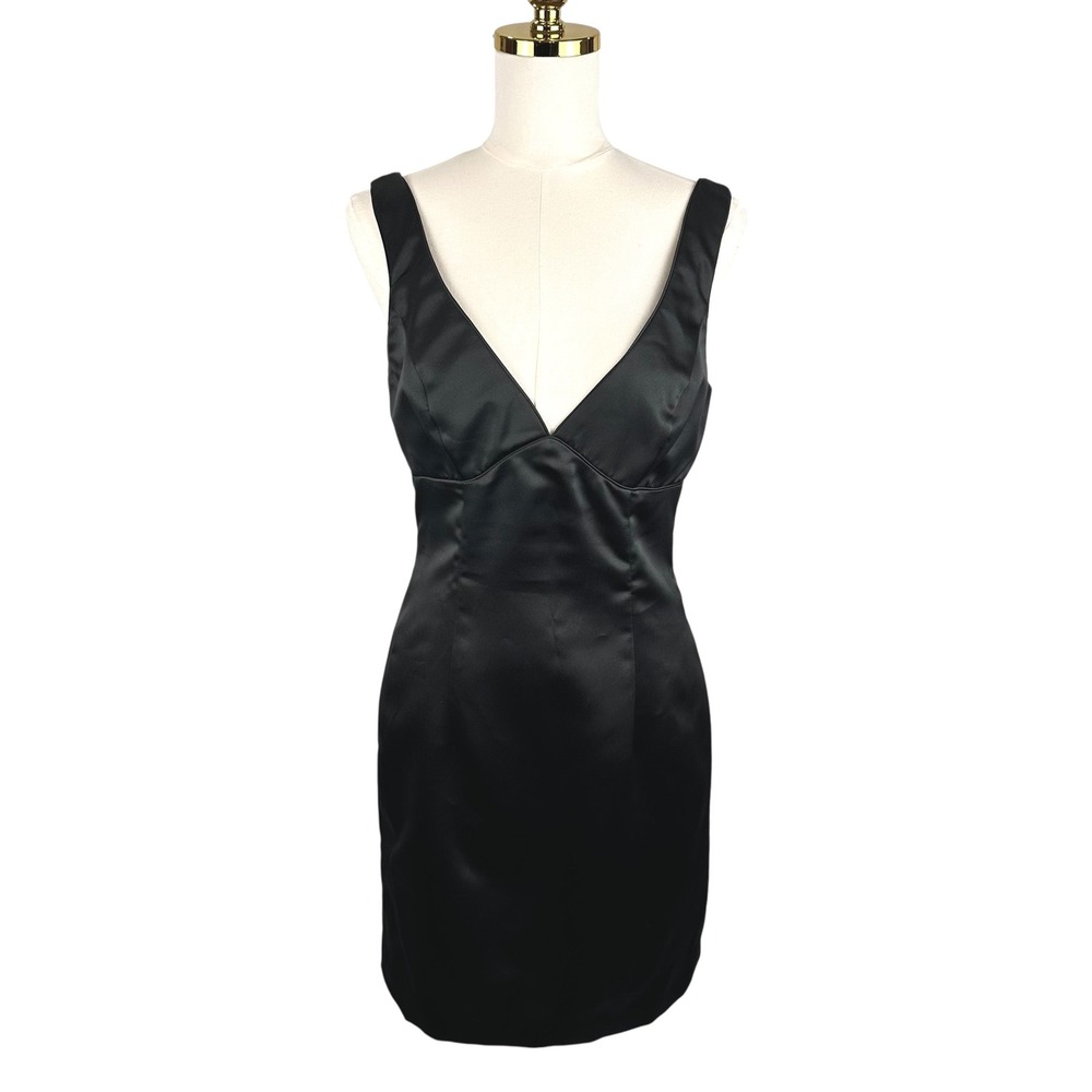 Vintage 90s Y2K A.B.S.Black Satin V-Neck Bodycon Mini Cocktail Dress Size 10